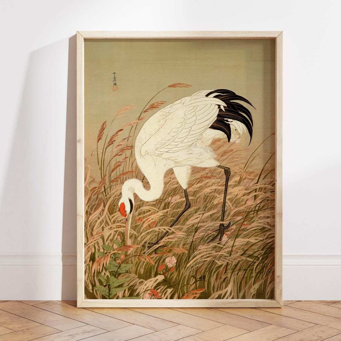 Japanese Crane Ukiyoe Print, Vintage Asian Bird