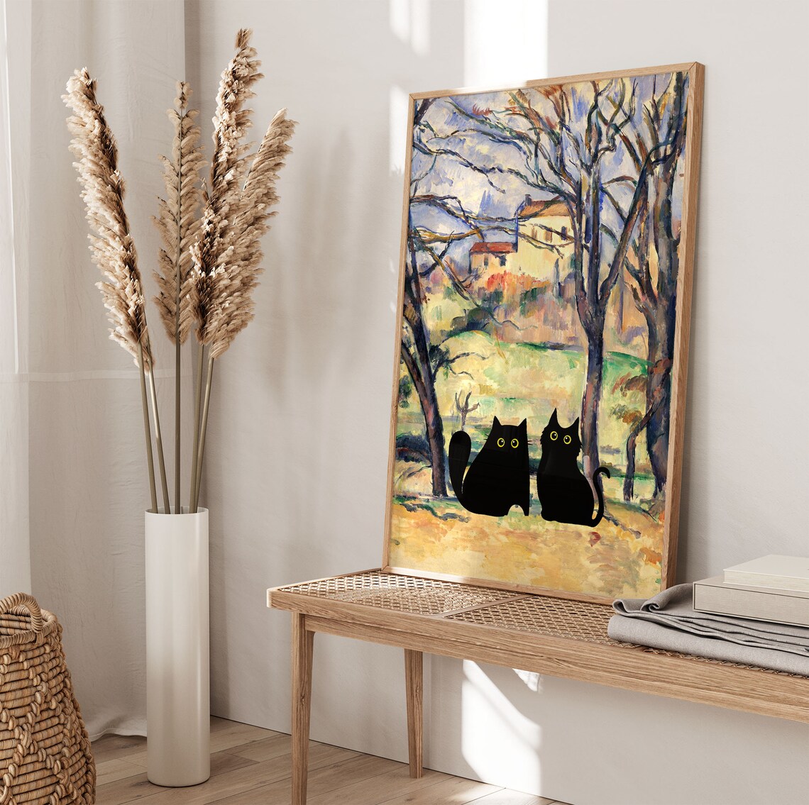 Two Black Cats Among Trees Cezanne Inspired Landscape With Houses Poster - Image 4