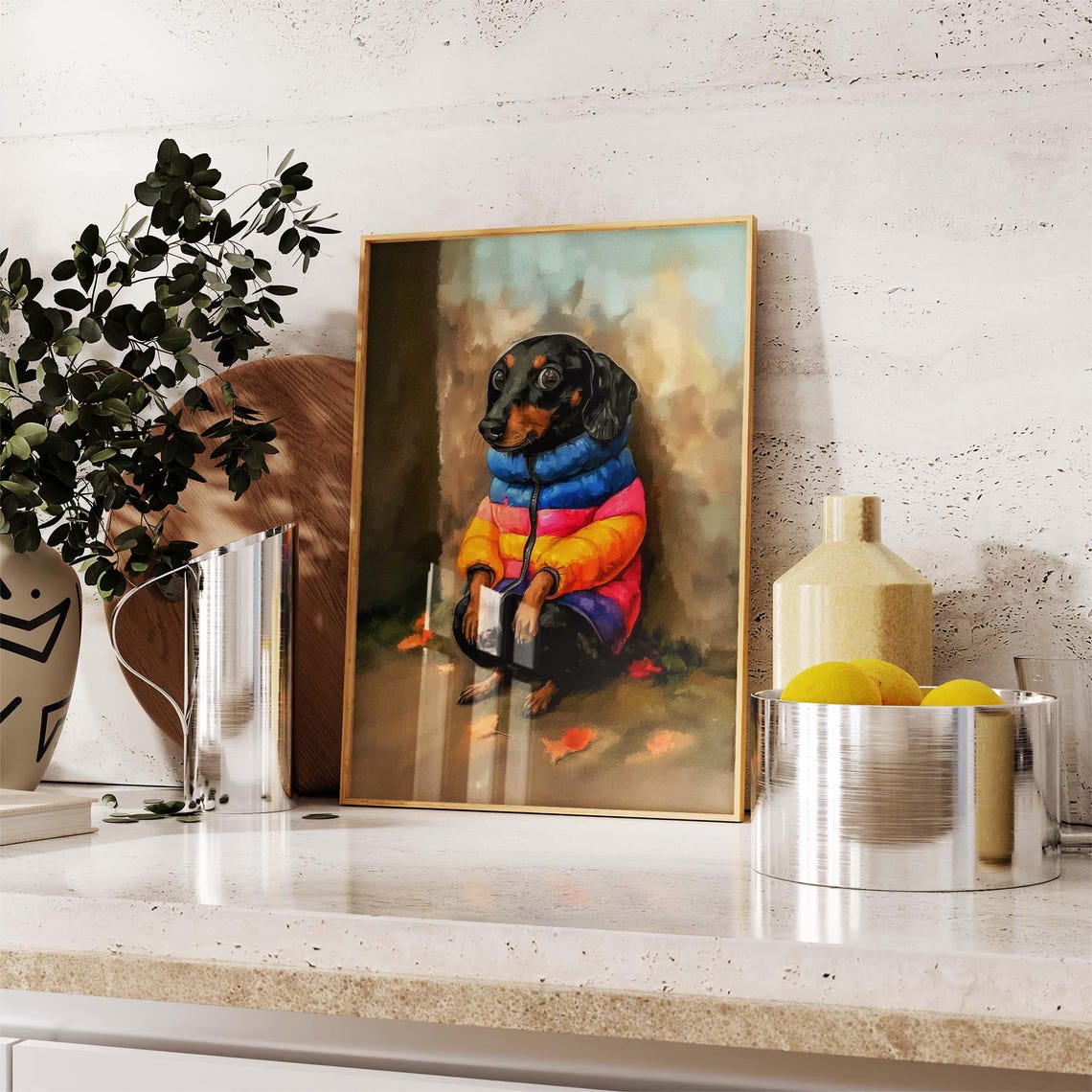 Dachshund Wearing A Colorful Striped Puffer Jacket In Autumn Poster - Image 2