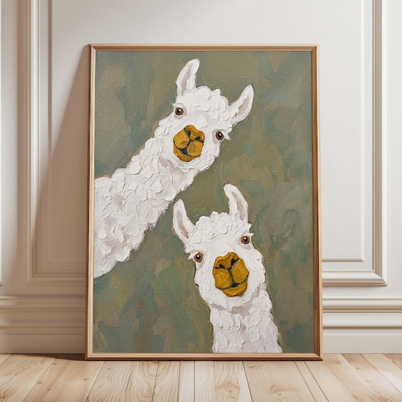 Two Curious White Alpacas Grinning Impasto Farm Animal Poster