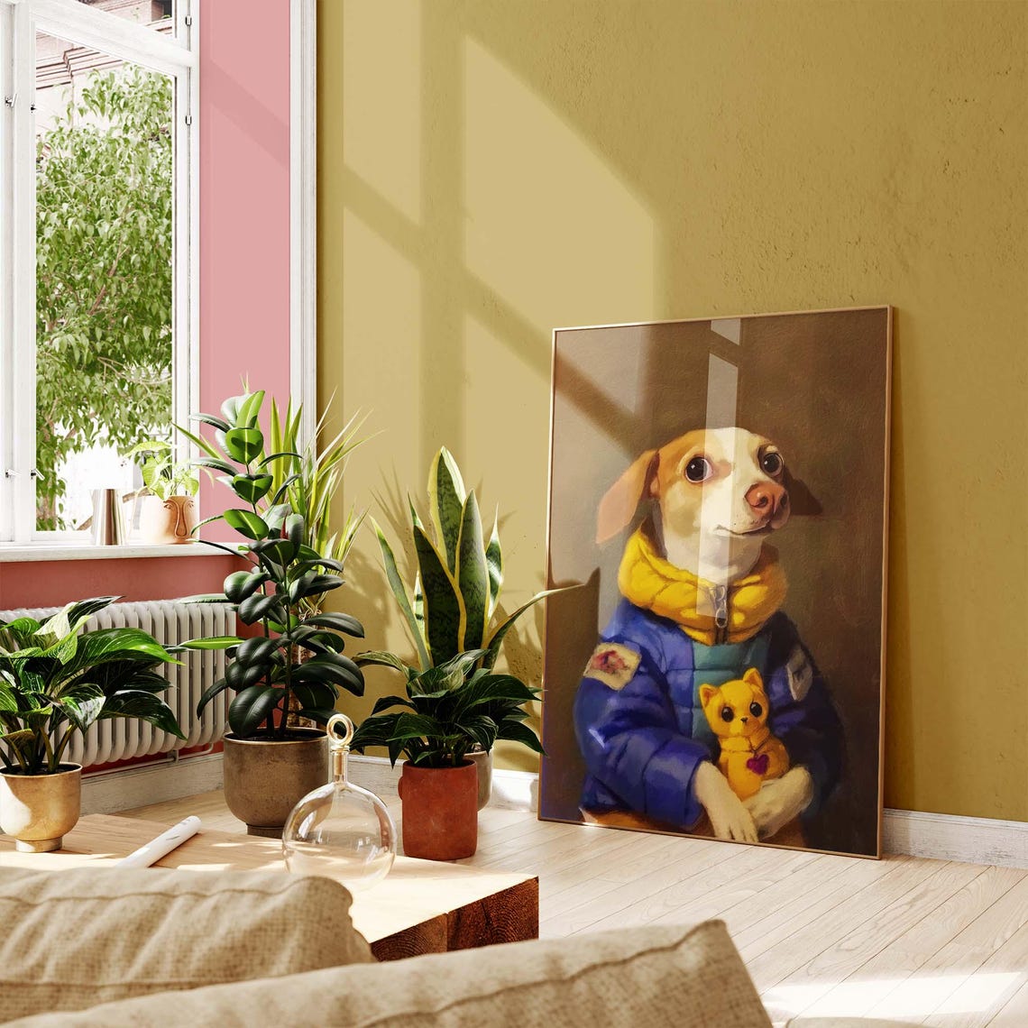 Puppy In A Blue Puffer Jacket Holding A Yellow Teddy Cat Poster - Image 3