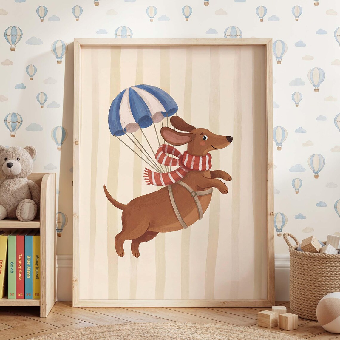 Dachshund Parachute Nursery Art Print, Whimsical