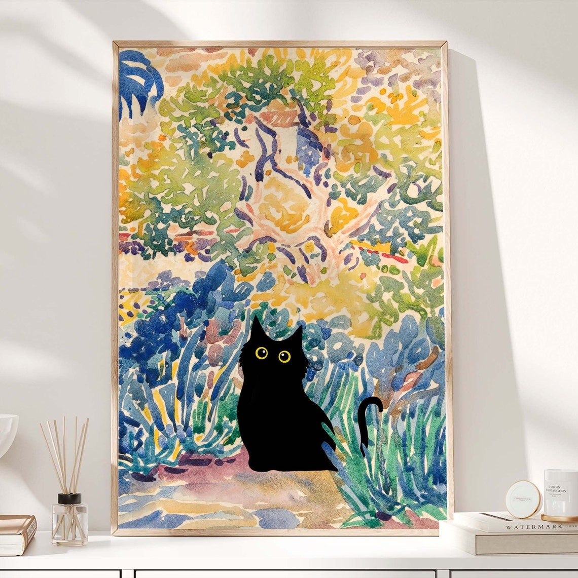 Black Cat Silhouette in a Pointillist Impressionist Garden Poster - Image 3