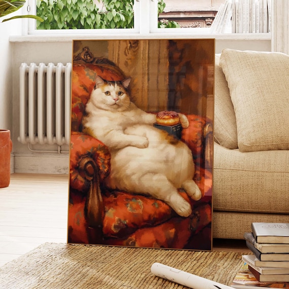 Chubby Cat Relaxing On Red Chair Holding A Donut Treat Art Poster
