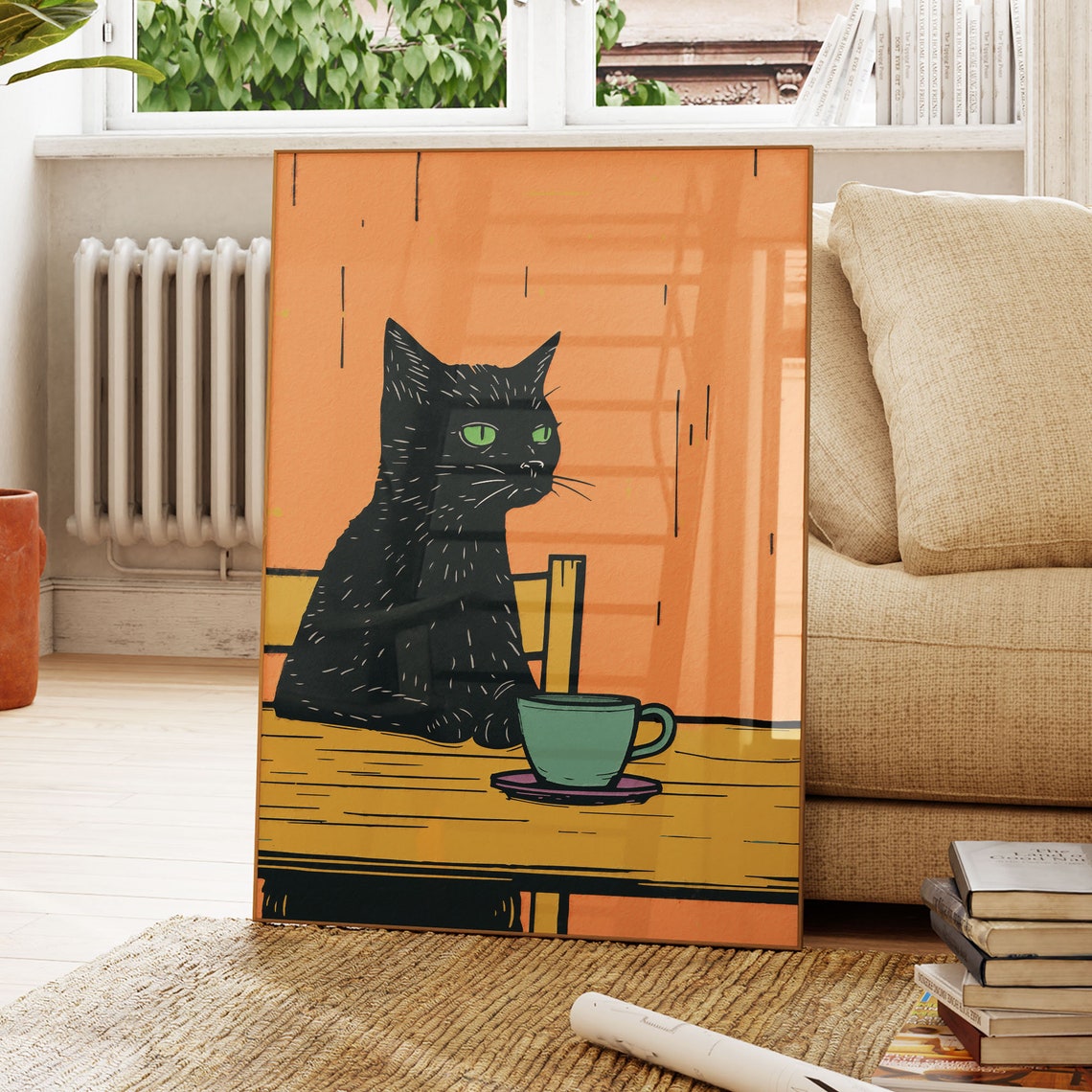 Black Cat At Cafe Table With Green Coffee Cup Woodcut Style Art Poster - Image 4