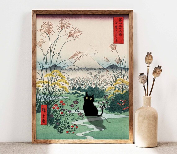 Black Cat On Mountain Path With Mount Fuji Japanese Woodblock Poster