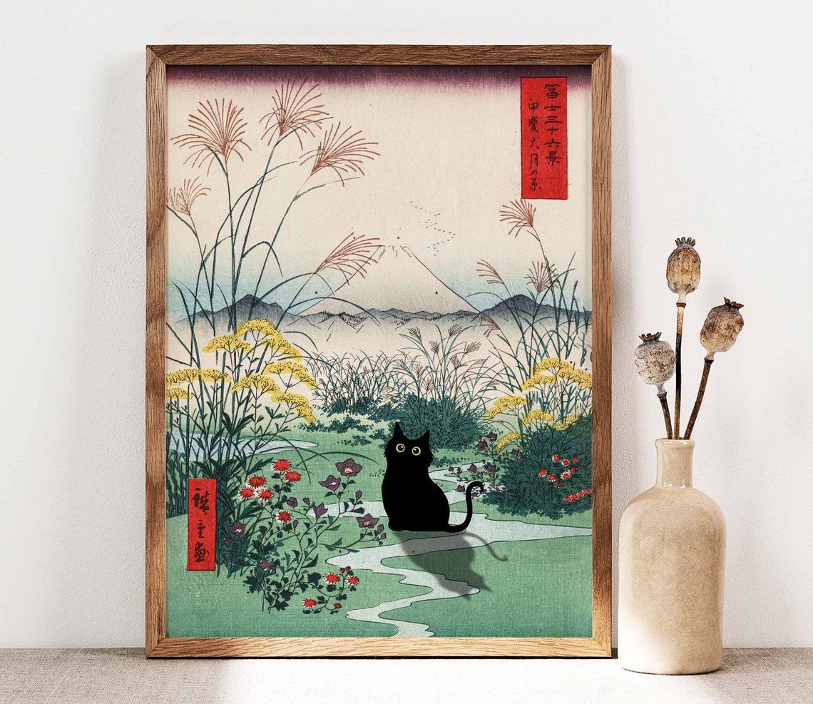 Black Cat On Mountain Path With Mount Fuji Japanese Woodblock Poster
