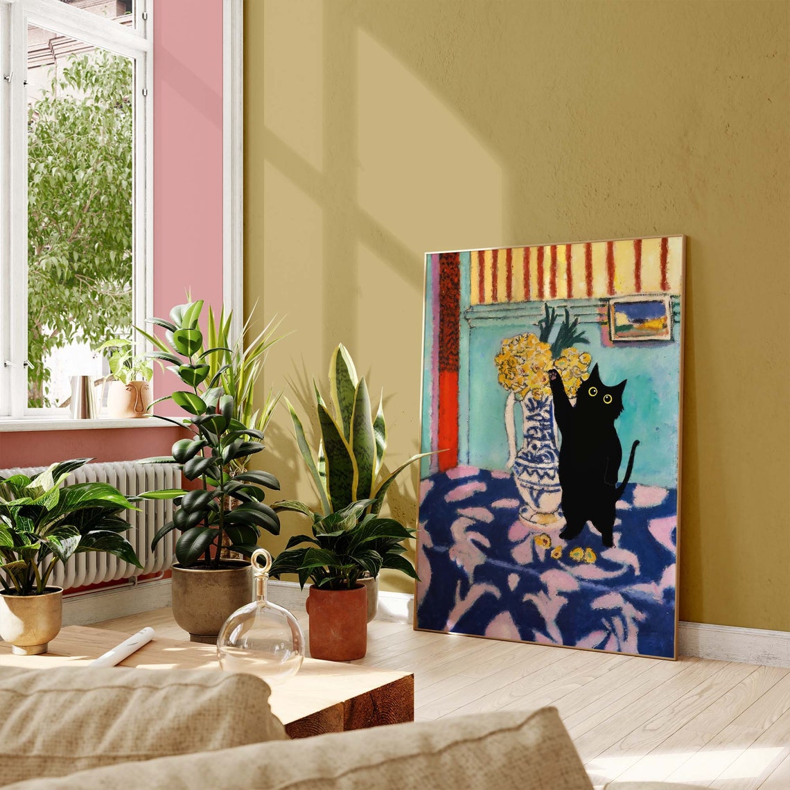 Black Cat Silhouette with Flower Vase in Matisse Style Room Poster - Image 3