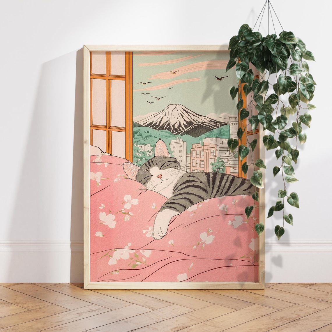 Sleeping Gray Tabby Cat and Mount Fuji Art Print