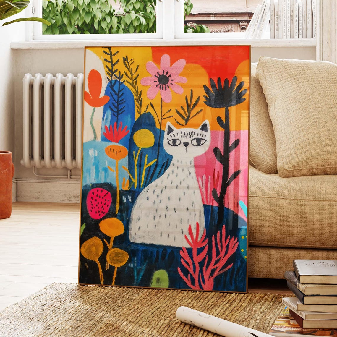 White Cat in Matisse Style Flower Garden Whimsical Art Poster
