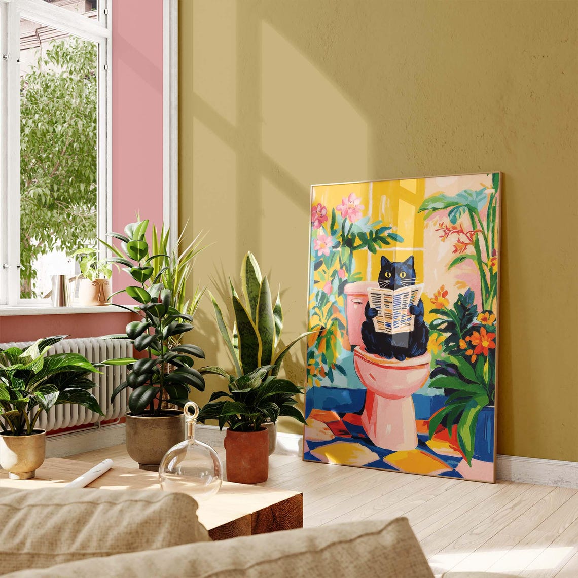 Black Cat Reading Newspaper on Toilet Tropical Matisse Poster - Image 2