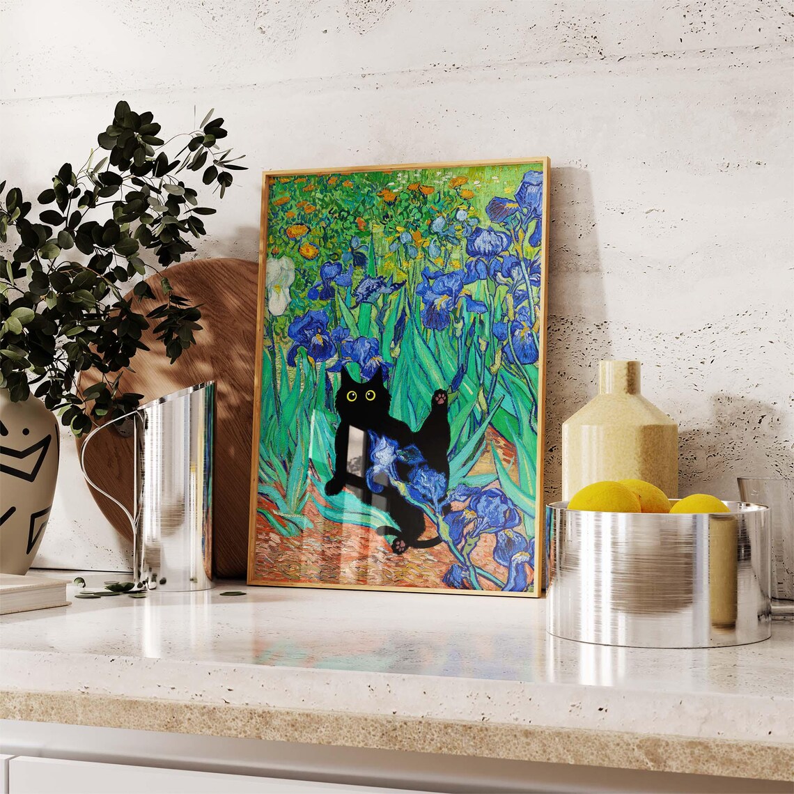 Black Cat Lounging Among Van Gogh Irises in a Funny Floral Art Poster - Image 2