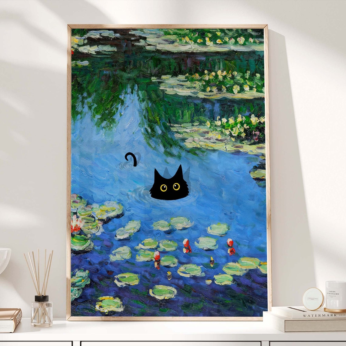 Black Cat Swimming in Monet Water Lily Pond Funny Art Poster - Image 3