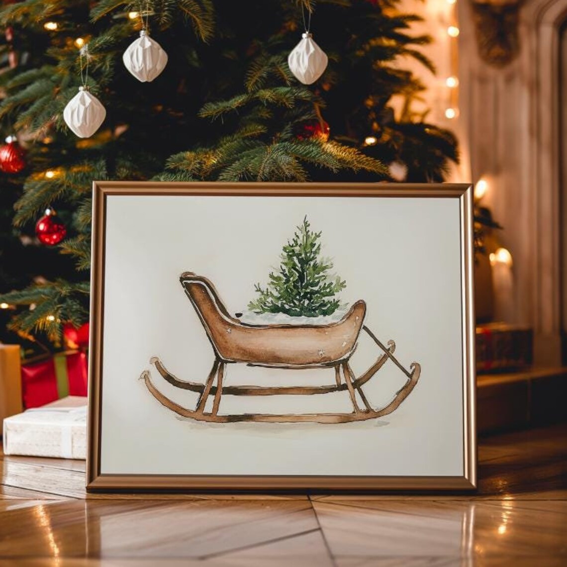 Wooden Sled Carrying Small Christmas Tree Watercolor Art Poster