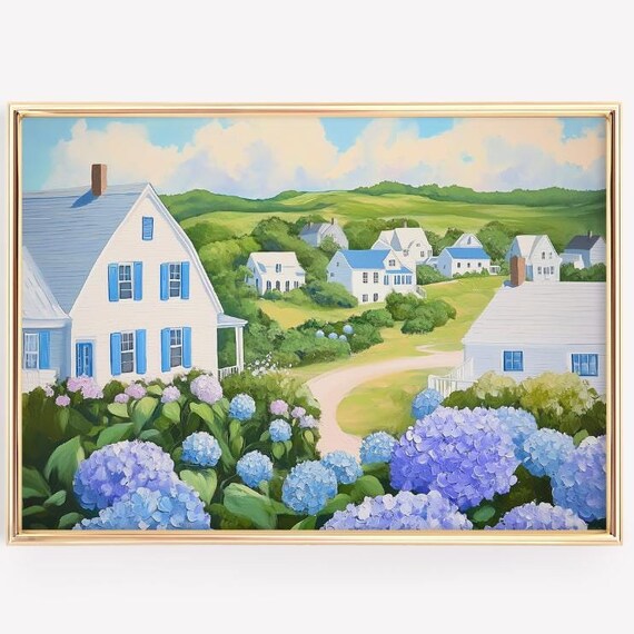 Coastal Village Lane White Cottages Hydrangeas Summer Poster