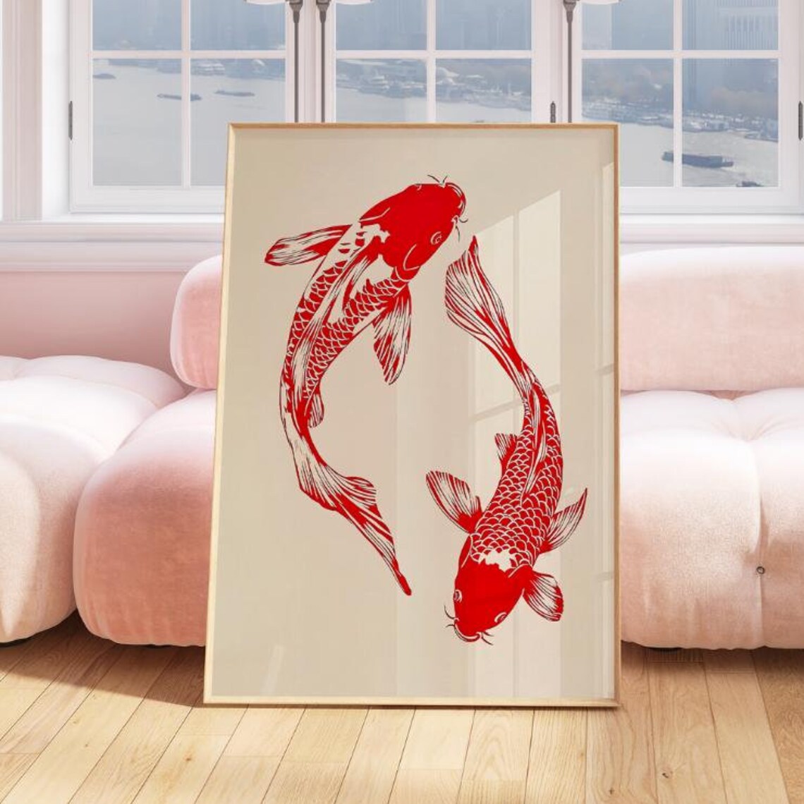 Two Red Koi Fish Circling Minimal Japanese Style Fish Art Poster - Image 3
