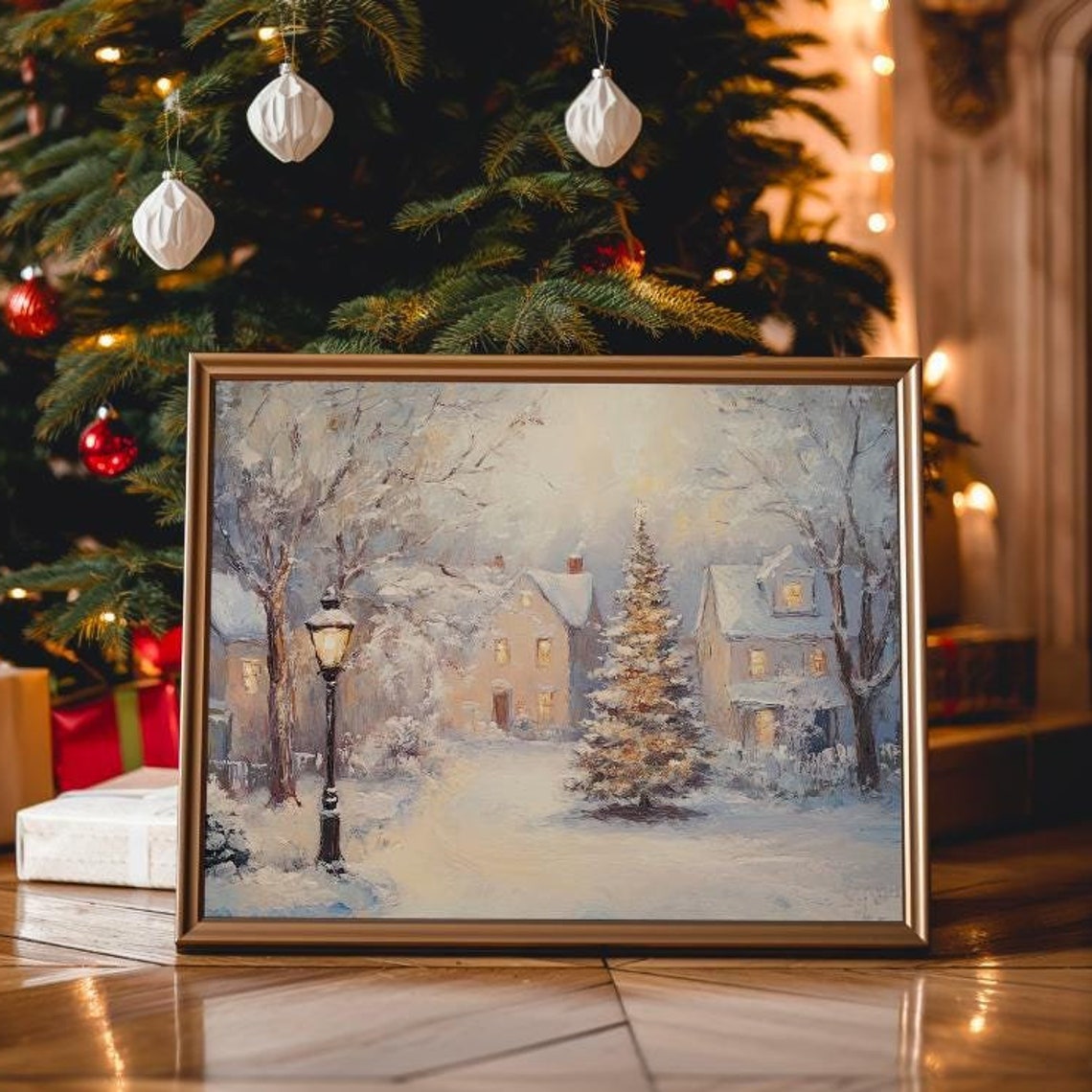Snowy Neighborhood Street With Lit Christmas Tree At Night Poster