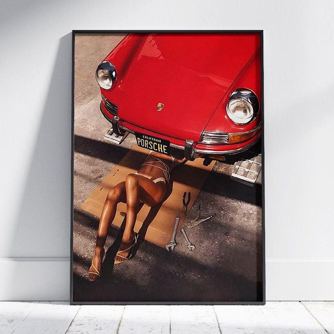Classic Red Vintage Porsche Girl Mechanic Retro Pin Up Racing Poster