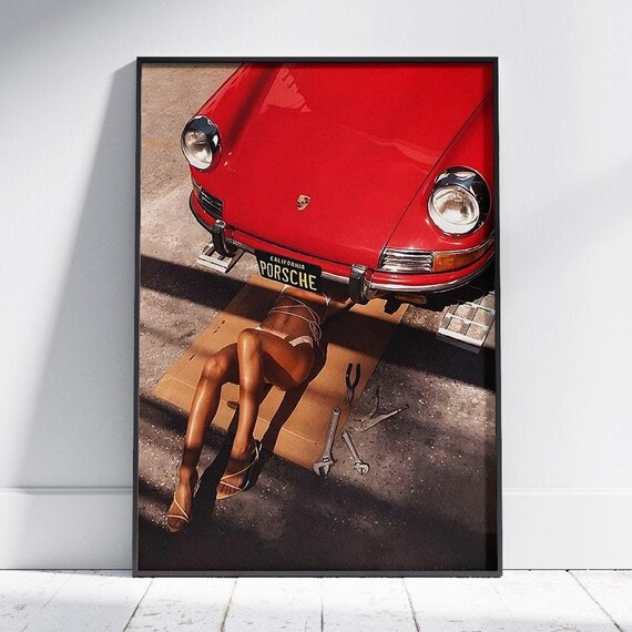 Classic Red Vintage Porsche Girl Mechanic Retro Pin Up Racing Poster