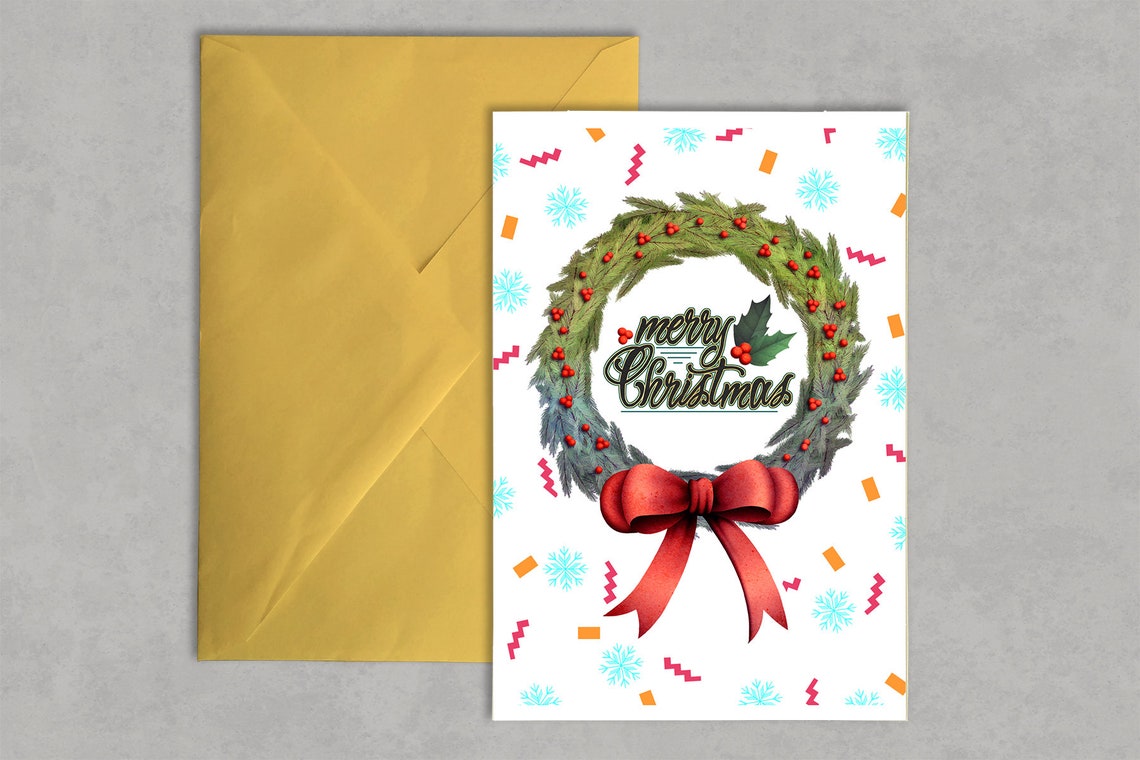 Merry Christmas Pine Wreath Confetti Background Card Poster Design