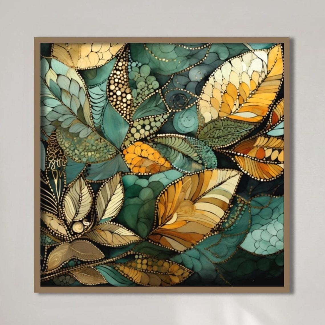 Stained Glass Teal Gold Mosaic Leaves Jewel Tone Botanical Poster - Image 4