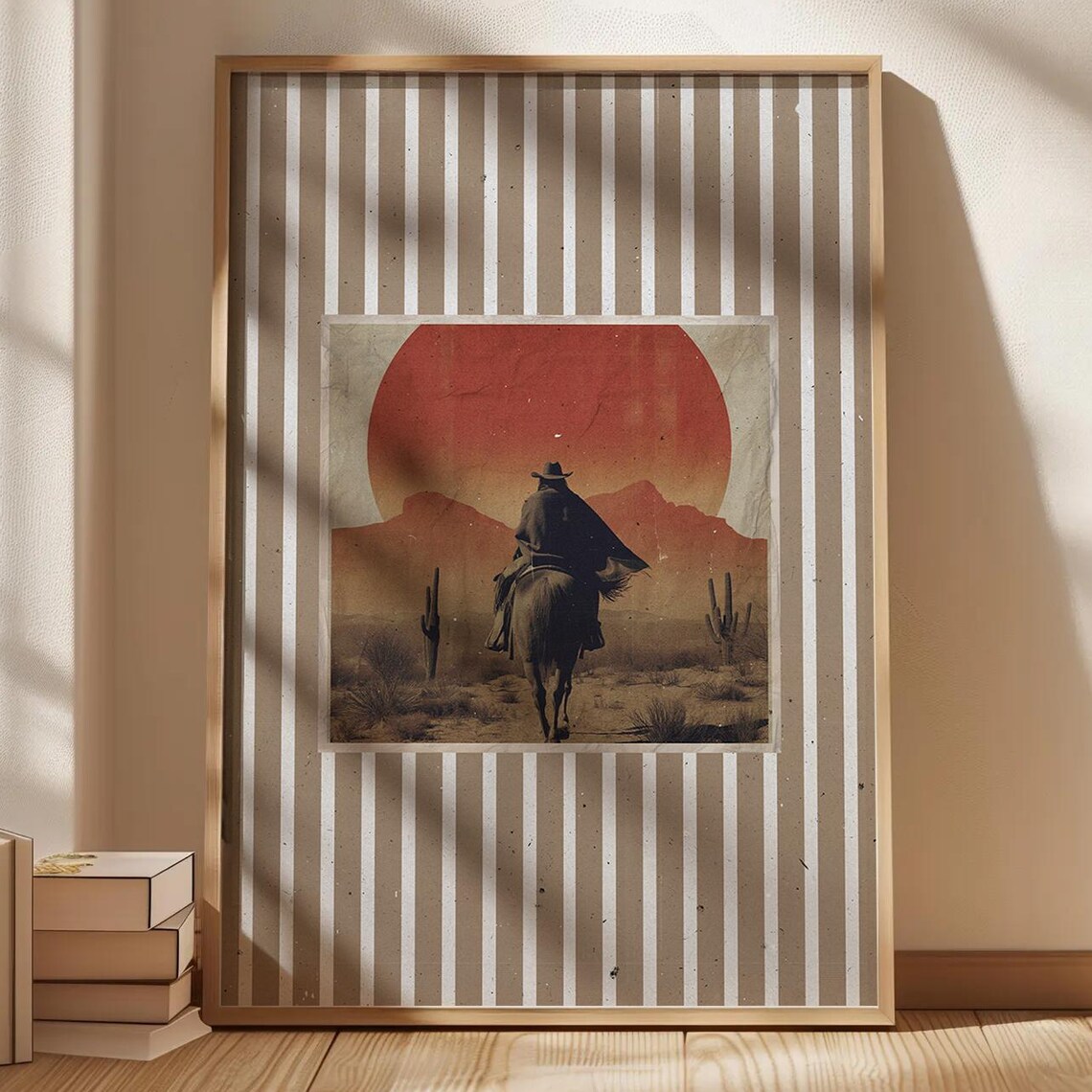 Vintage Cowboy Sunset Poster Horse Rider Desert Red Sun Artwork