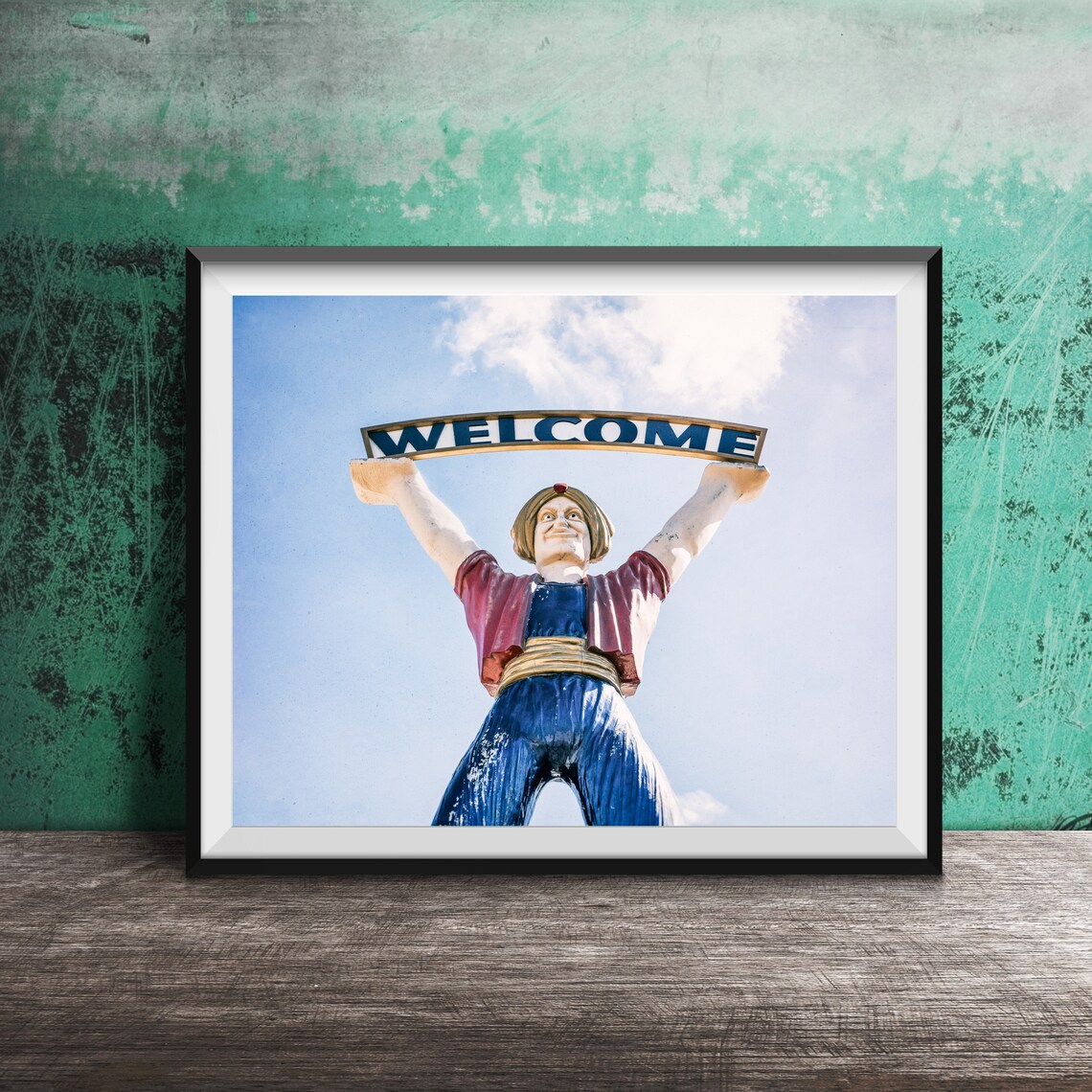 Welcome Genie Giant Roadside Statue Holding Welcome Sign Poster