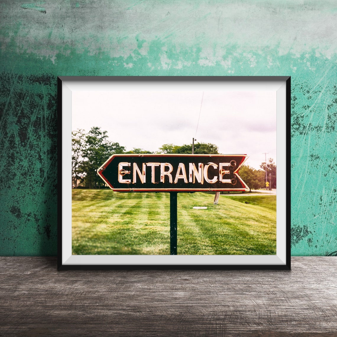 Vintage Entrance Arrow Sign Rustic Glowing Roadside Neon Poster