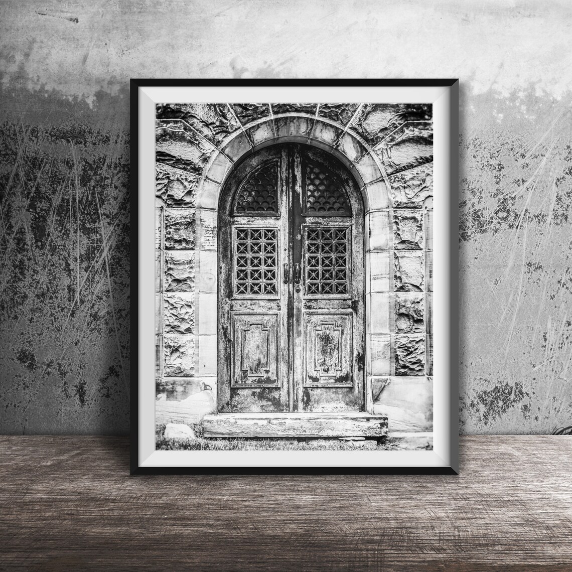 Ornate Teal Metal Mausoleum Doors In Weathered Stone Archway Poster - Image 2
