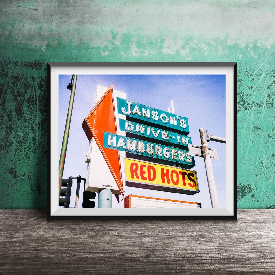 Janson's Drive-In Hamburgers Red Hots Mid Century Sign Poster