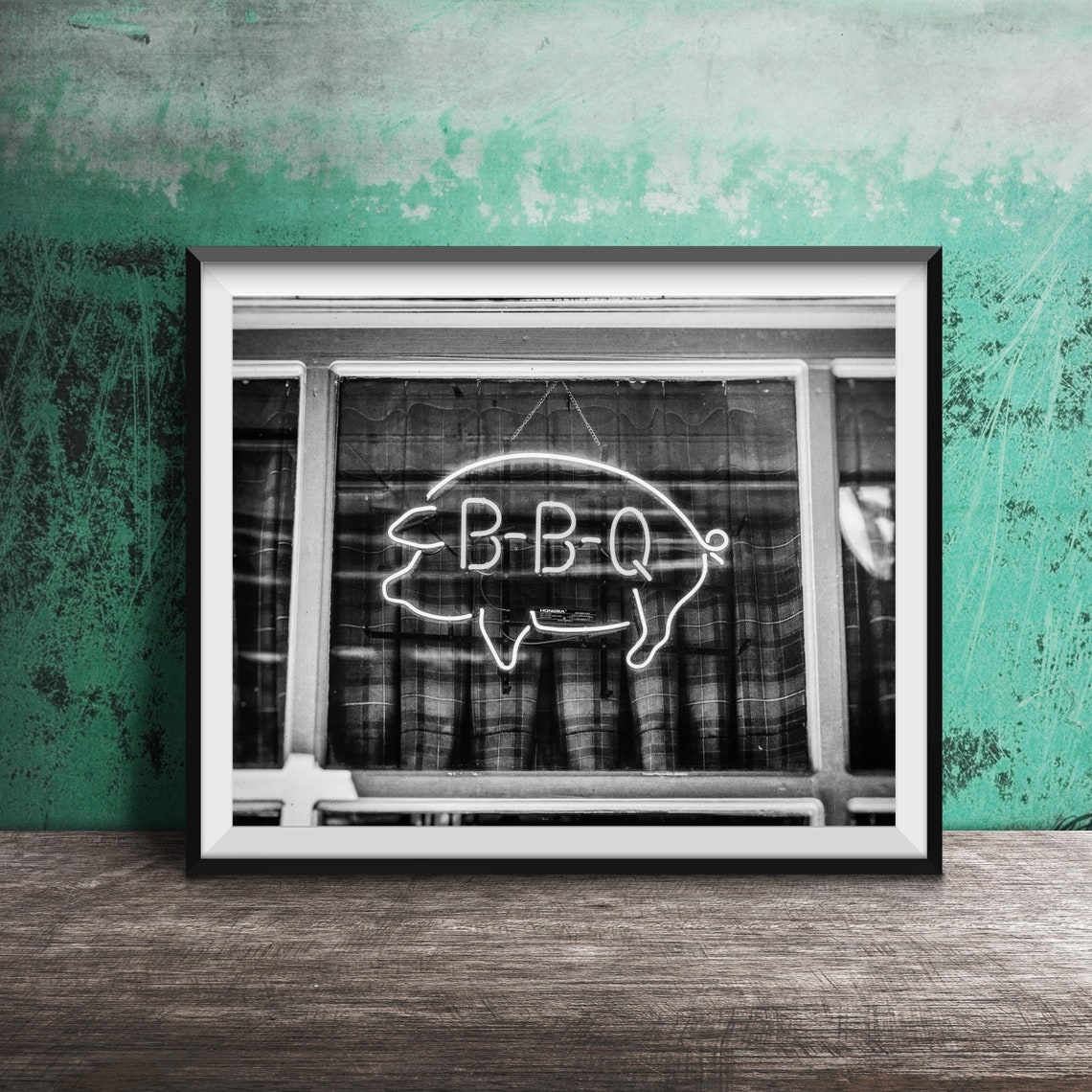 B-B-Q Neon Pig Sign in Window with Plaid Curtain Photography Poster - Image 2