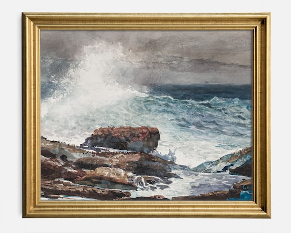 Stormy Ocean Waves Crashing Rocky Shore Vintage Seascape Watercolor Poster