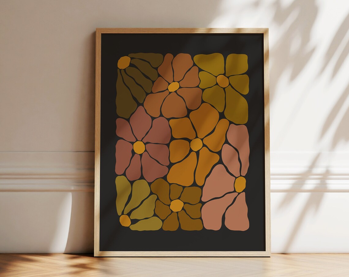 Retro Groovy Flower Mosaic Bloom Warm Autumn Tones Dark Wall Art