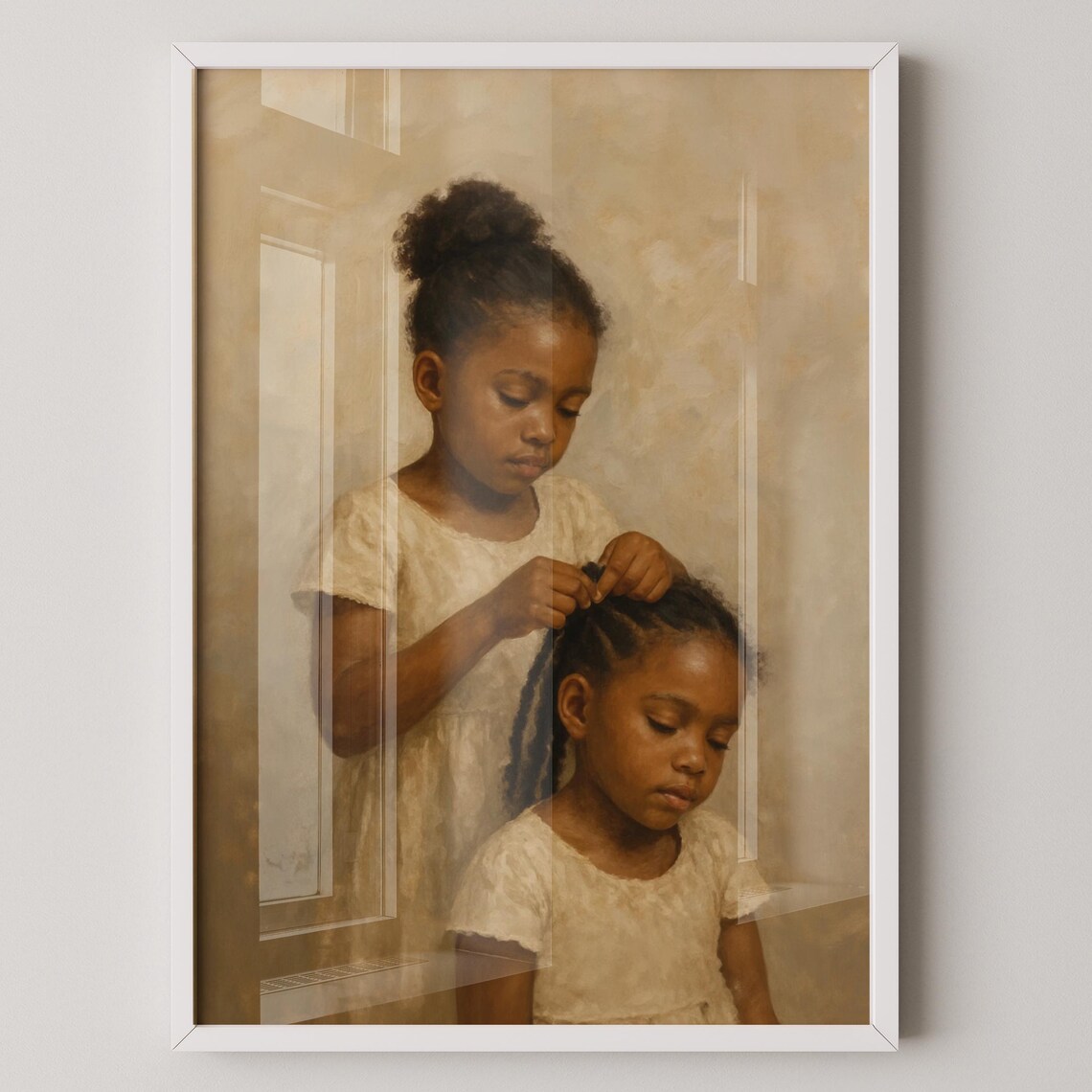 Sisters Braiding Hair Together Vintage Portrait Fine Art Print