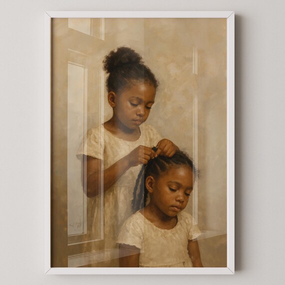 Sisters Braiding Hair Together Vintage Portrait Fine Art Print