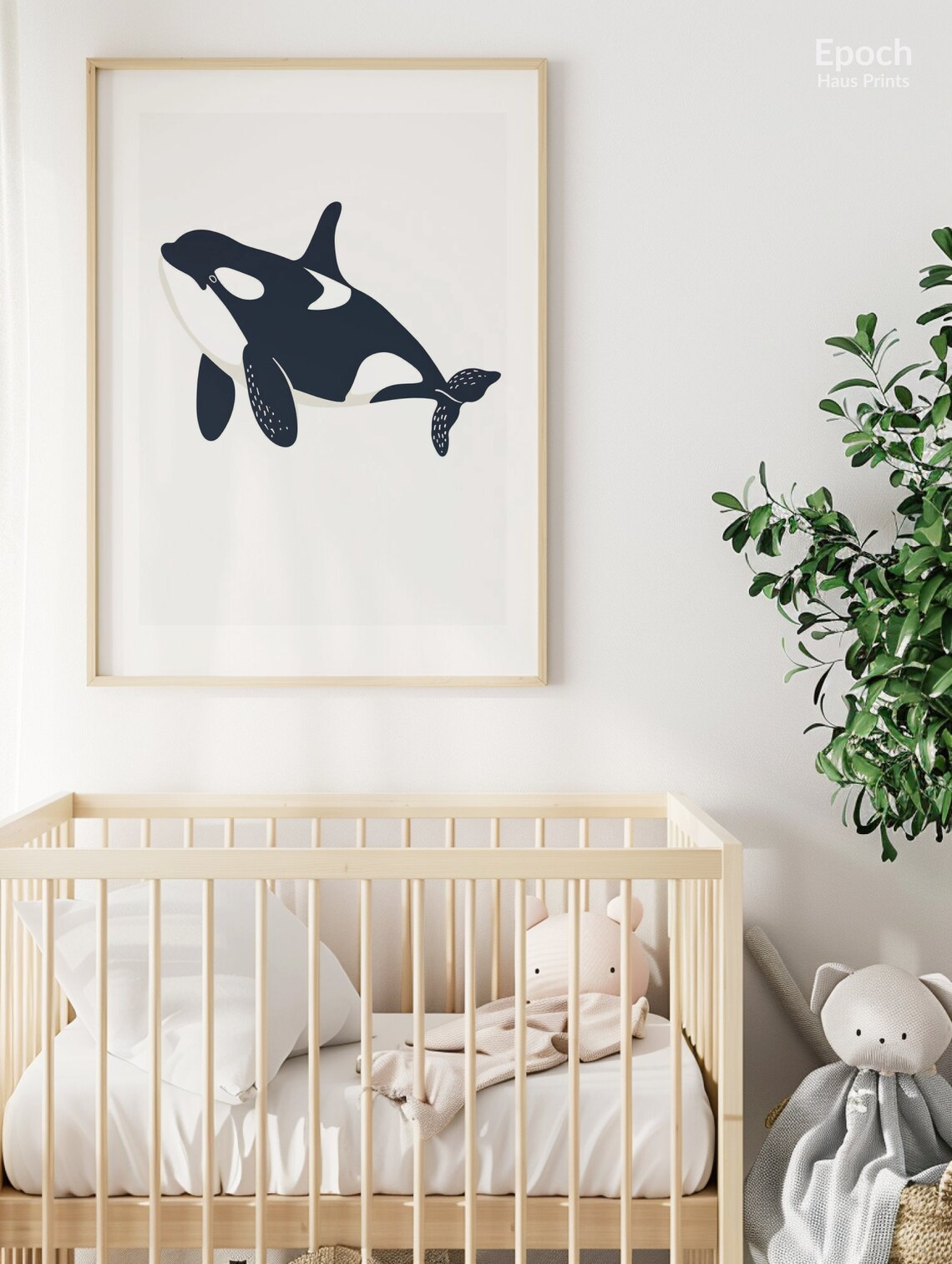 Minimalist Navy Blue Orca Swimming On White Background Poster - Image 3