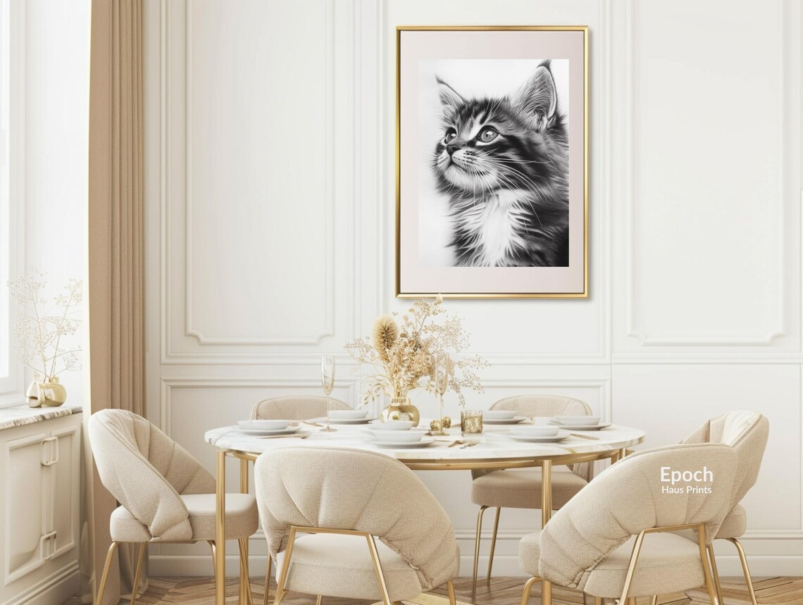 Tabby Kitten With Wide Eyes Looking Up in Black and White Poster - Image 2
