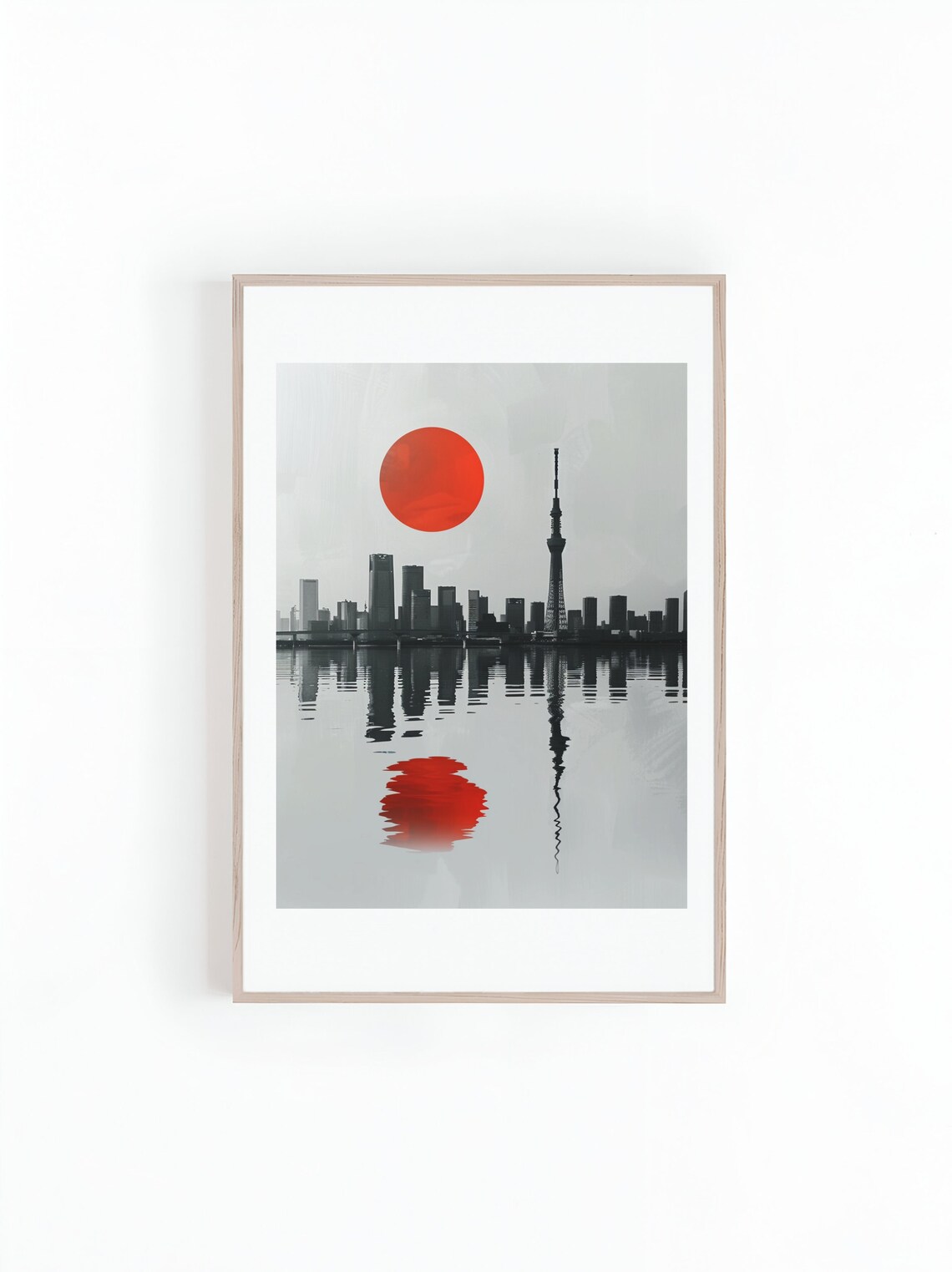 Abstract Tokyo Skyline and Red Sun, Minimalist Print