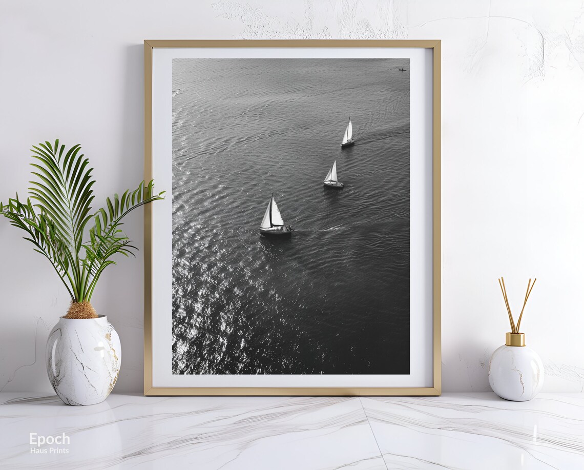 Sailing Boats in Black and White, Minimalist Art Print - Image 3
