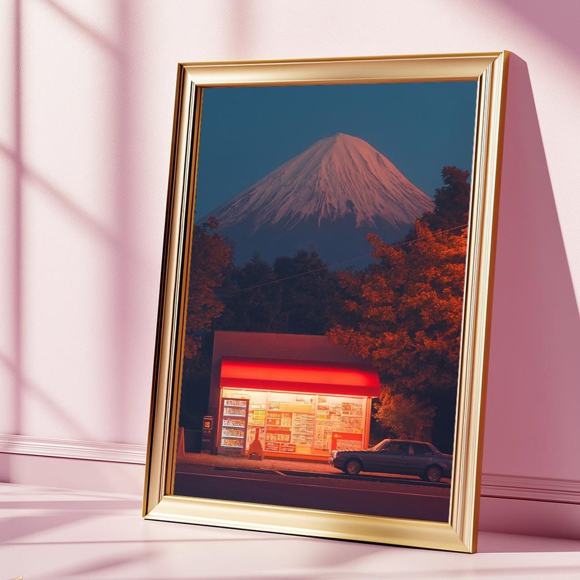 Fuji Mountain Twilight Retro Japanese Neon Convenience Store Poster