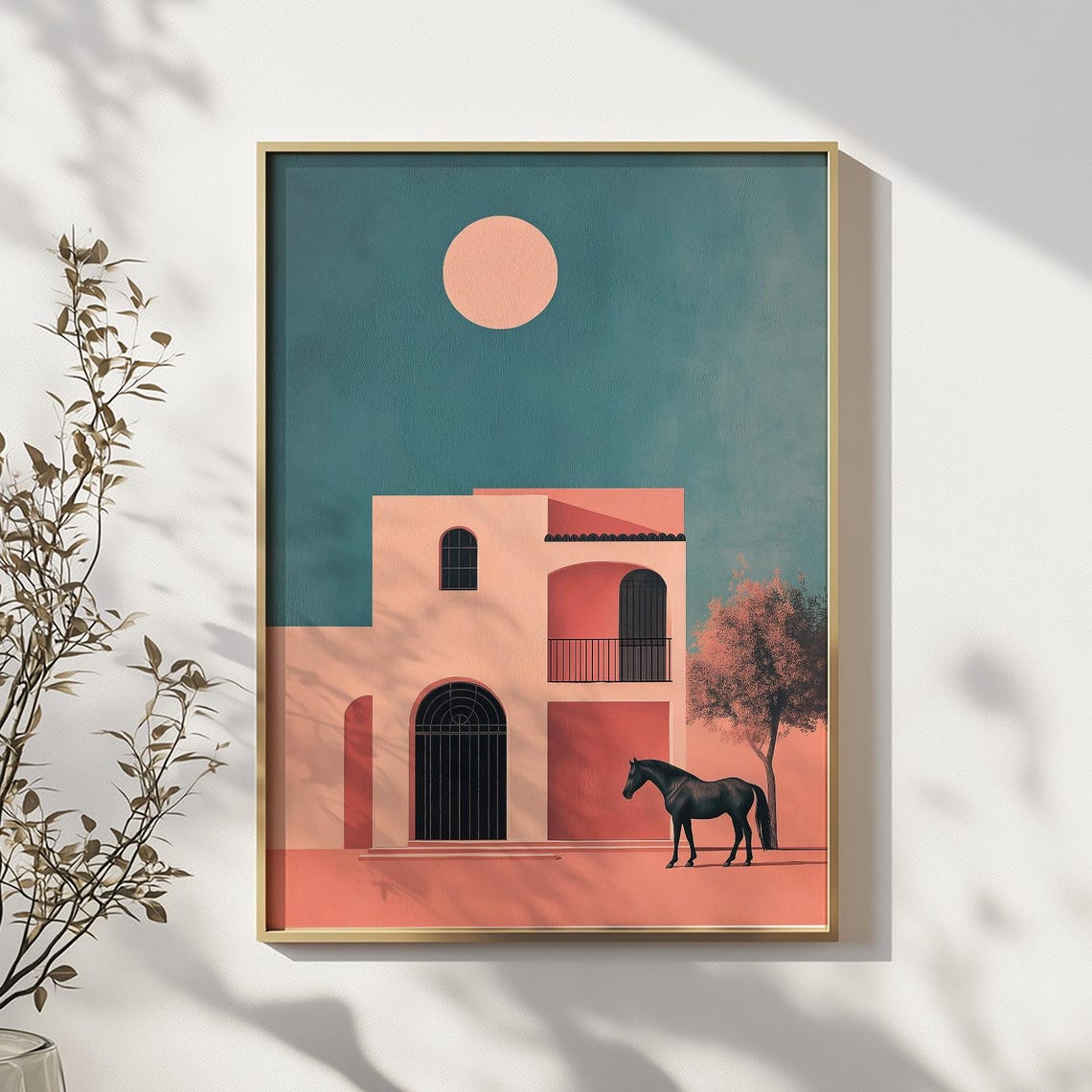 Black Horse and Pink Villa Minimalist Desert Sun Scene Poster