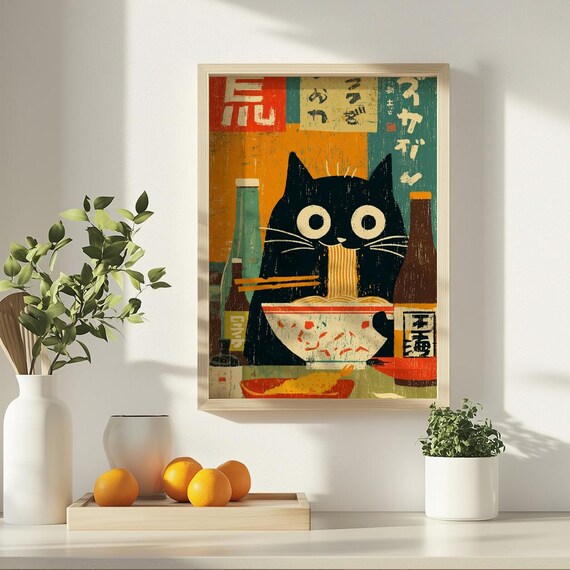 Black Cat Eating Ramen Japanese Retro Noodle Bar Fun Art Poster