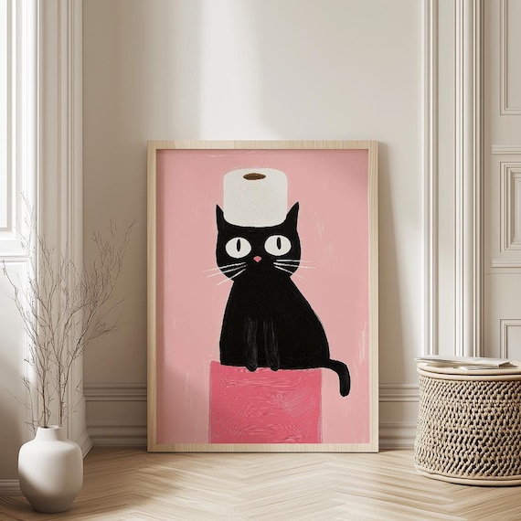 Funny Black Cat Toilet Paper On Head Quirky Pink Bathroom Art Poster