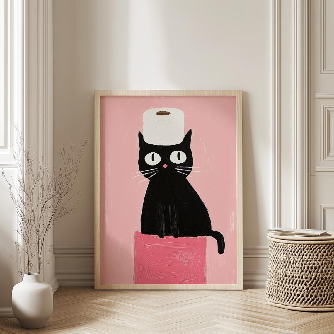 Funny Black Cat Art Print Quirky Bathroom Wall Decor Toilet Paper Gift For Lover Fun