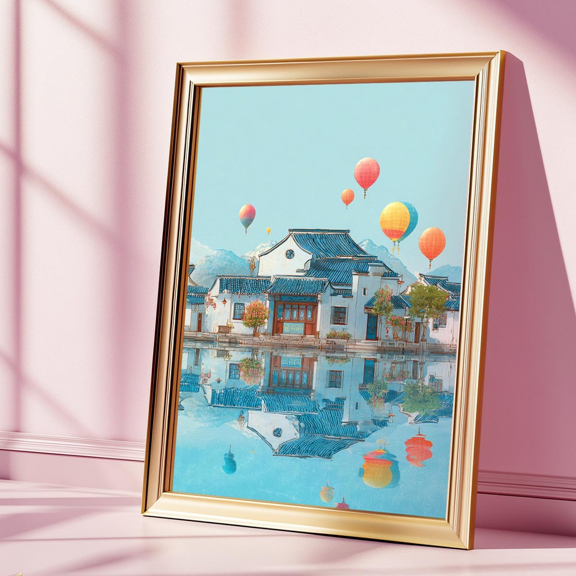 Hot Air Balloons Over Japanese Water Town Tranquil Art Poster