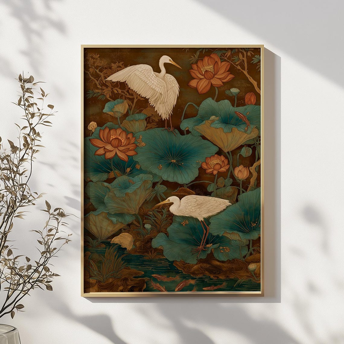 White Crane Birds Among Lotus Blossoms Vintage Asian Art Poster