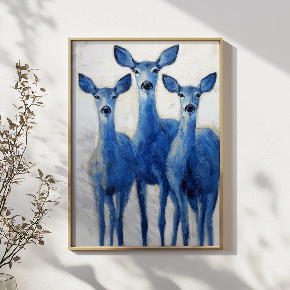 Three Blue Deer Modern Wildlife Cobalt Contemporary Animal Poster