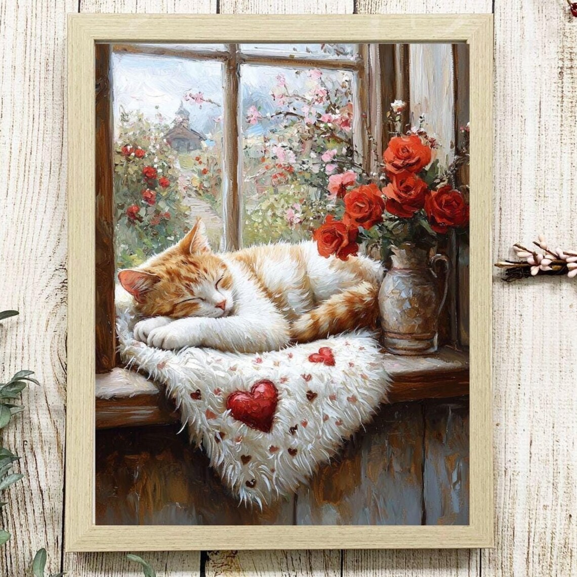 Tabby Cat Valentines Day Floral Wall Art Print