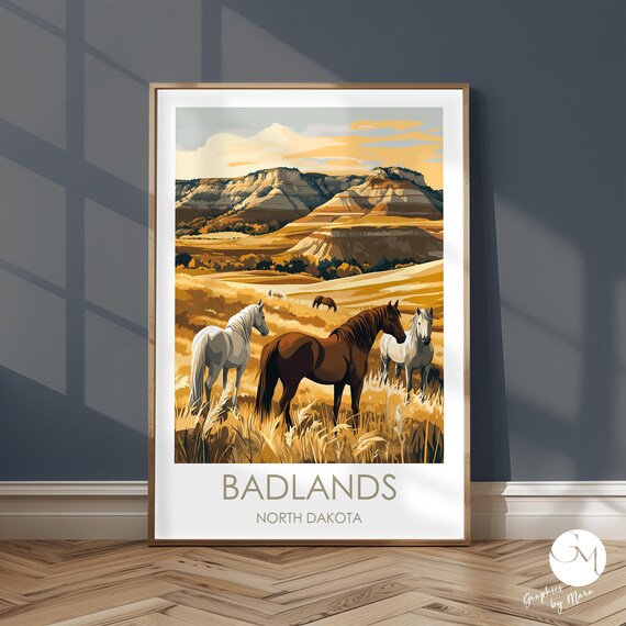 Badlands North Dakota Wild Horses Minimalist National Park Poster