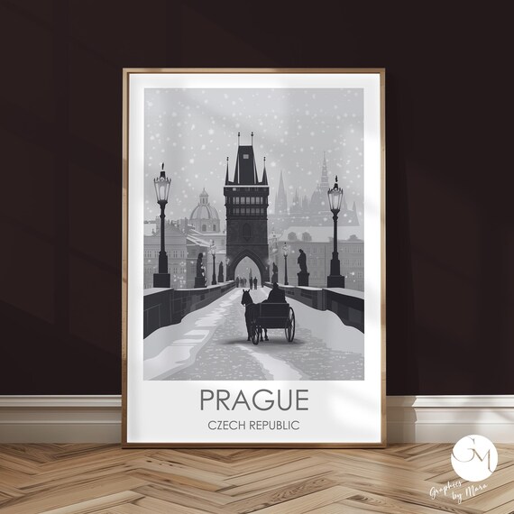 Prague Winter Charles Bridge Horse Carriage Snow Scene Travel Poster